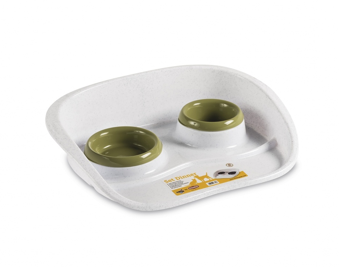 Подставка "Set Dinner" бело-зеленая с мисками, 0,2 и 0,3 л