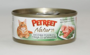 Petreet консервы для кошек кусочки розового тунца со шпинатом 70 г