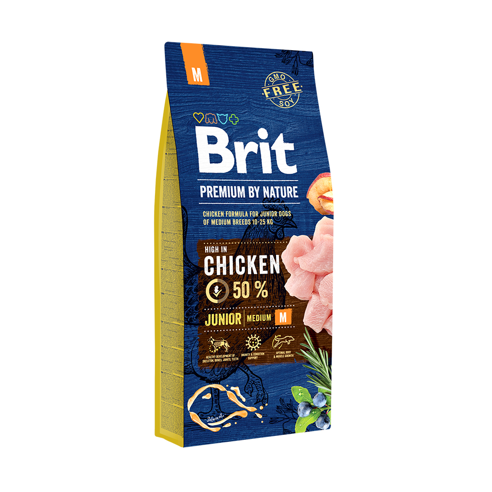 Корм Brit корм для щенков и молодых собак средних пород, с курицей, Premium by Nature Junior M