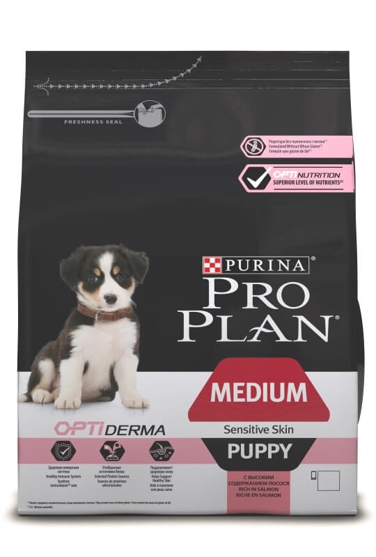 Корм Purina Pro Plan для щенков средних пород с чувствительной кожей, с лососем и рисом, Puppy Sensitive