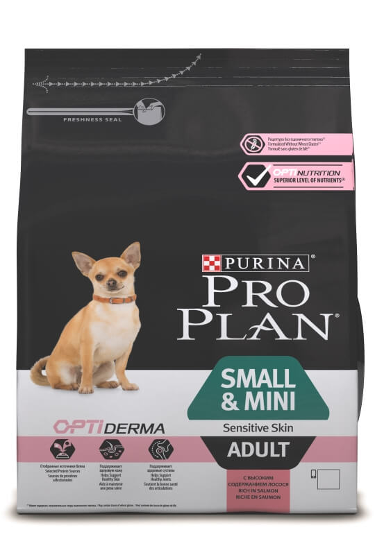 Корм Purina Pro Plan для взрослых собак малых пород с чувствительной кожей, с лососем и рисом, Adult Small Sensitive Skin