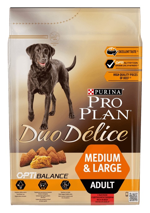 Корм Purina Pro Plan для взрослых собак средних и крупных пород, с говядиной и рисом, Duo Delice