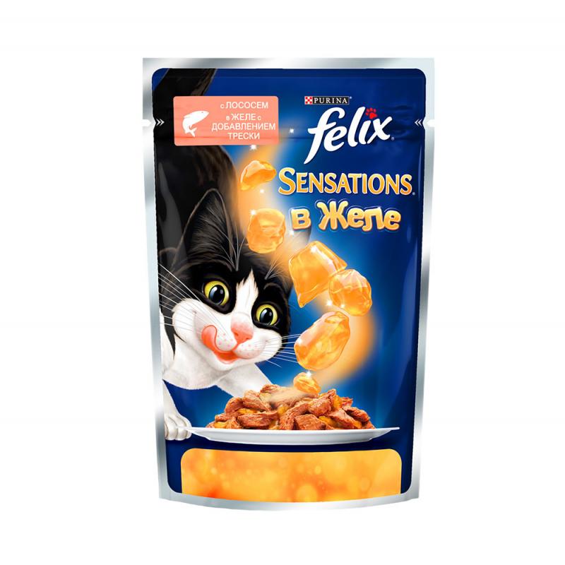 Felix sensations кусочки в желе для кошек с лососем и треской