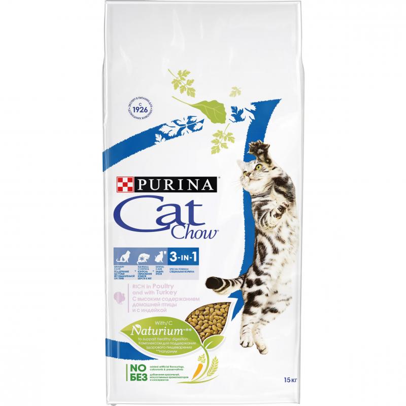Корм Cat Chow для кошек 3 в 1: профилактика МКБ, зубного камня, вывод шерсти, Feline