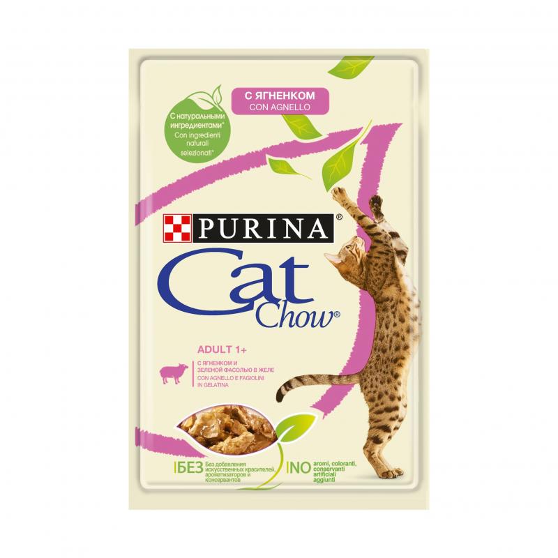 Cat Chow паучи для кошек кусочки в желе с ягненком и зеленой фасолью, Purina Cat Chow Adult 1+