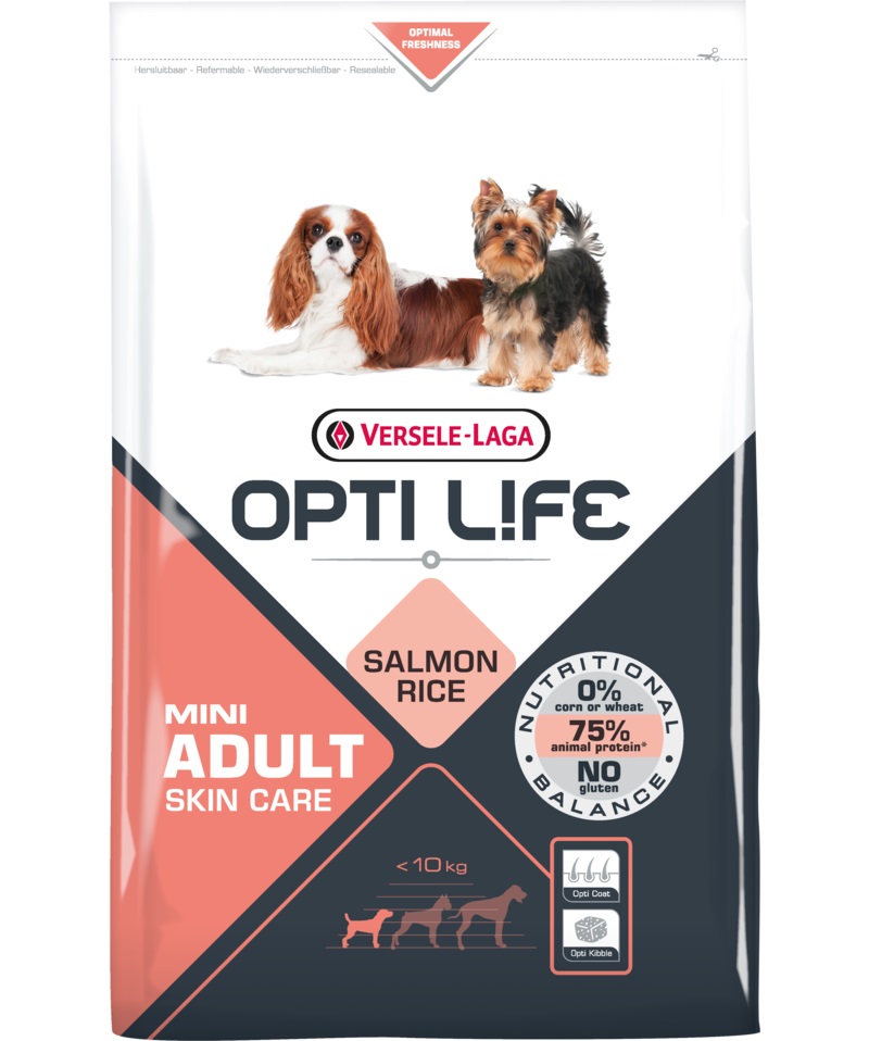 Корм Opti Life (Versele Laga) для собак малых пород с чувствительной кожей, с лососем и рисом, Opti Life Adult Skin Care Mini