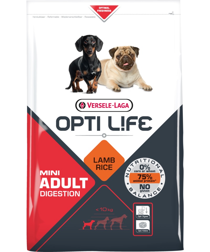 Корм Opti Life (Versele Laga) для собак малых пород с чувствительным пищеварением с ягненком и рисом, Opti Life Adult Digestion Mini