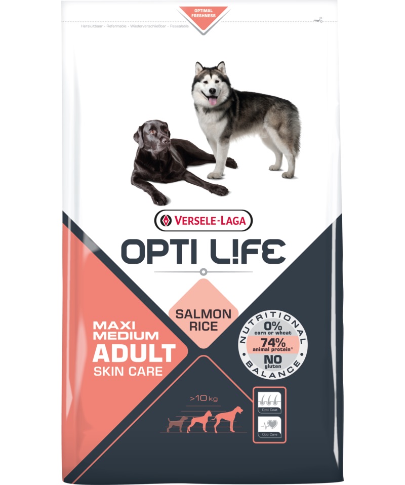 Корм Opti Life (Versele Laga) для собак с чувствительной кожей, с лососем и рисом, Opti Life Adult Skin Care Medium & Maxi