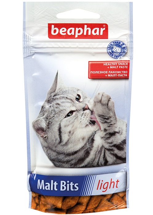 Beaphar Подушечки Malt Bits light для вывода шерсти у кошек, склонных к лишнему весу