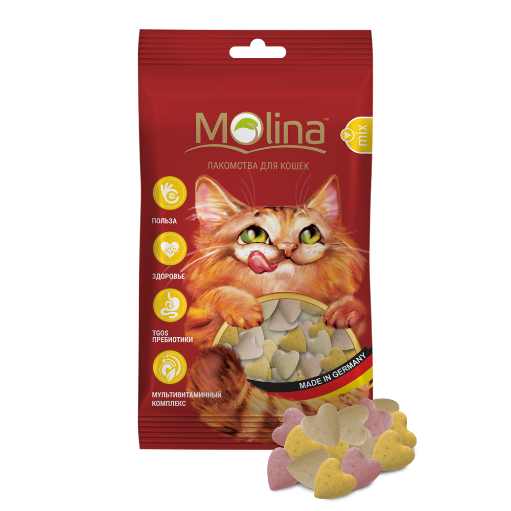 Молина Лакомства для кошек Сердечки MIX, 35 г