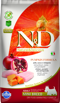 Farmina N&D GF Pumpkin для собак мини пород кура с гранатом и тыквой