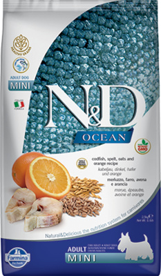 Farmina Ocean Dog Codfish, Spelt, Oats and Orange Adult Mini для собак малых пород, треска с пшеницей, овсом и апельсином