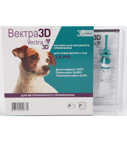 Вектра 3D Капли против блох, клещей, власоедов для собак весом 4-10кг 1 пипетка