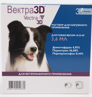 Вектра 3D Капли против блох, клещей, власоедов для собак весом 10-25кг 1 пипетка