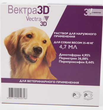 Вектра 3D Капли против блох, клещей, власоедов для собак весом 25-40кг 1 пипетка