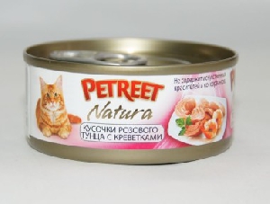 Petreet консервы для кошек кусочки розового тунца с креветками 70 г