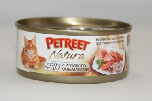 Petreet консервы для кошек кусочки розового тунца с кальмарами 70 г