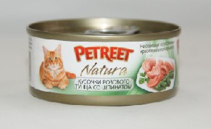 Petreet консервы для кошек кусочки розового тунца со шпинатом 70 г