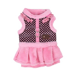 Платье-шлейка из иск.меха с жилетом в горошек, розовый